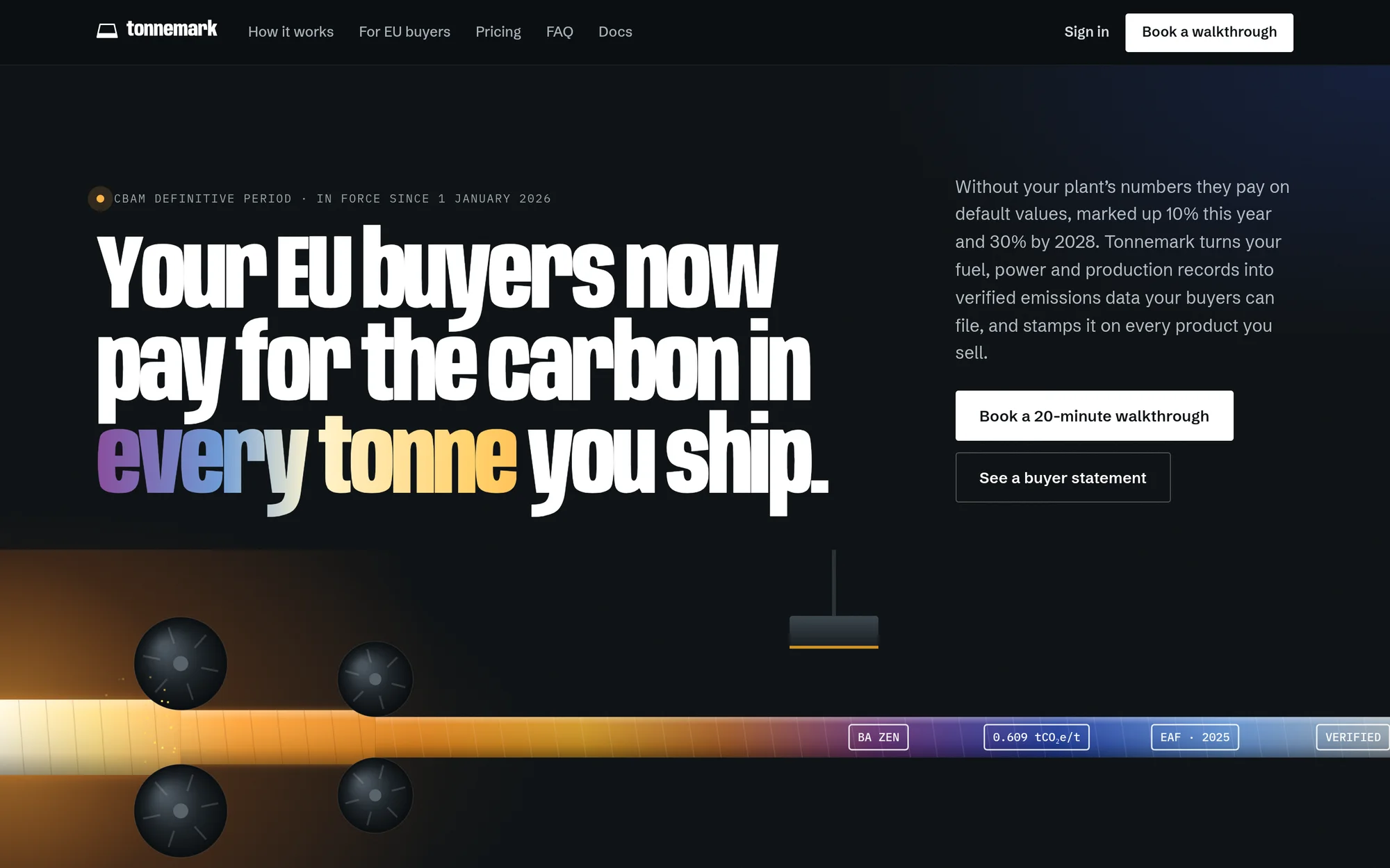 The Tonnemark home page, with hot steel leaving the rolls stamped with its emissions figures
